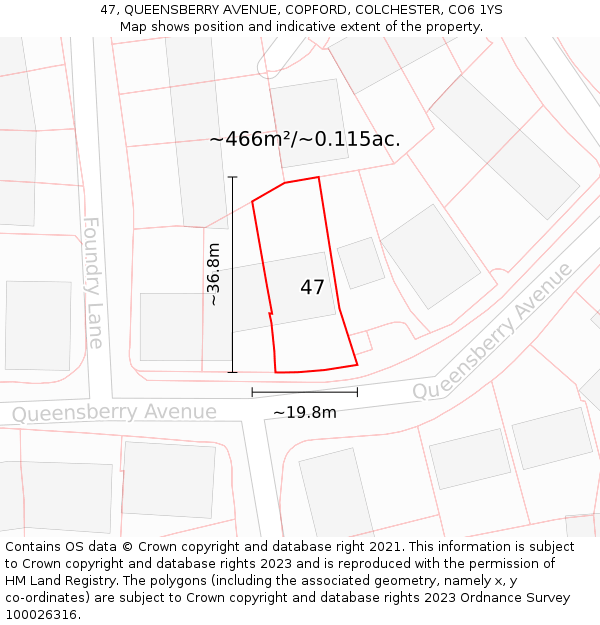 47, QUEENSBERRY AVENUE, COPFORD, COLCHESTER, CO6 1YS: Plot and title map