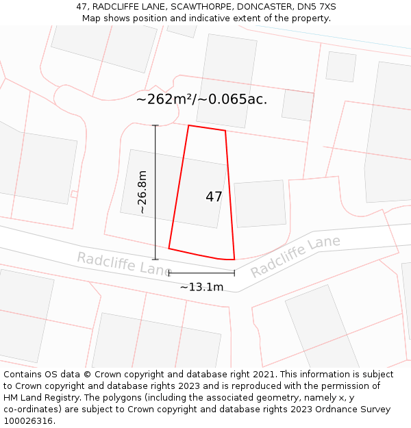 47, RADCLIFFE LANE, SCAWTHORPE, DONCASTER, DN5 7XS: Plot and title map