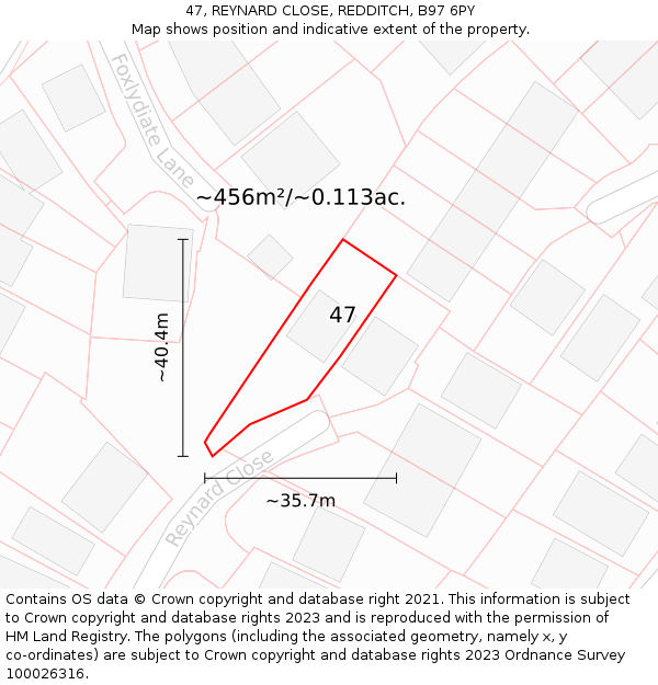 47, REYNARD CLOSE, REDDITCH, B97 6PY: Plot and title map