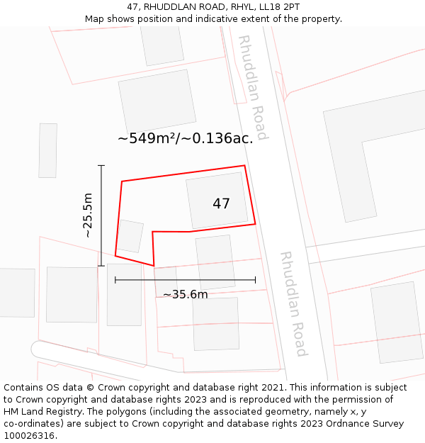 47, RHUDDLAN ROAD, RHYL, LL18 2PT: Plot and title map