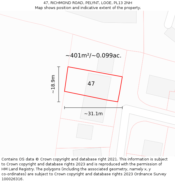 47, RICHMOND ROAD, PELYNT, LOOE, PL13 2NH: Plot and title map