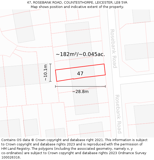 47, ROSEBANK ROAD, COUNTESTHORPE, LEICESTER, LE8 5YA: Plot and title map