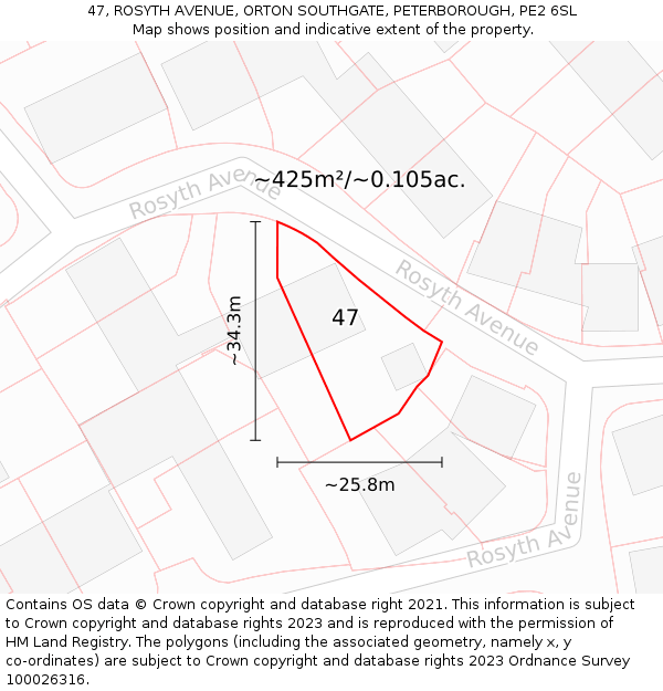 47, ROSYTH AVENUE, ORTON SOUTHGATE, PETERBOROUGH, PE2 6SL: Plot and title map