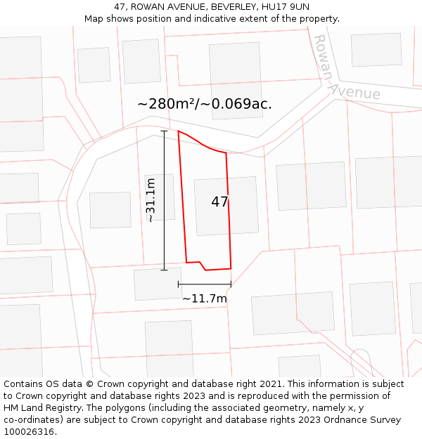 47, ROWAN AVENUE, BEVERLEY, HU17 9UN: Plot and title map