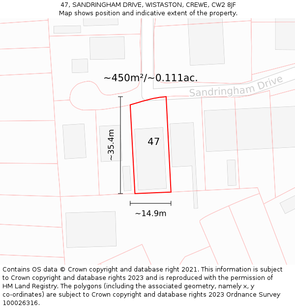 47, SANDRINGHAM DRIVE, WISTASTON, CREWE, CW2 8JF: Plot and title map