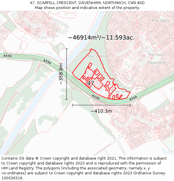 47, SCARFELL CRESCENT, DAVENHAM, NORTHWICH, CW9 8XD: Plot and title map