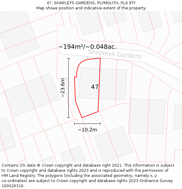 47, SHAPLEYS GARDENS, PLYMOUTH, PL9 9TY: Plot and title map