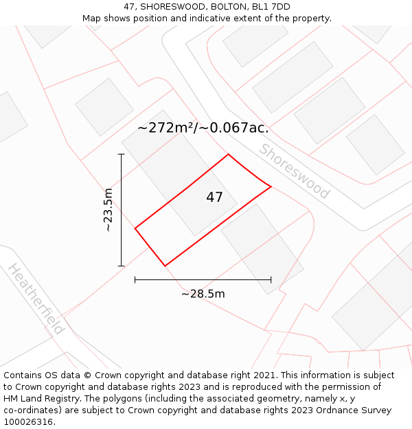 47, SHORESWOOD, BOLTON, BL1 7DD: Plot and title map