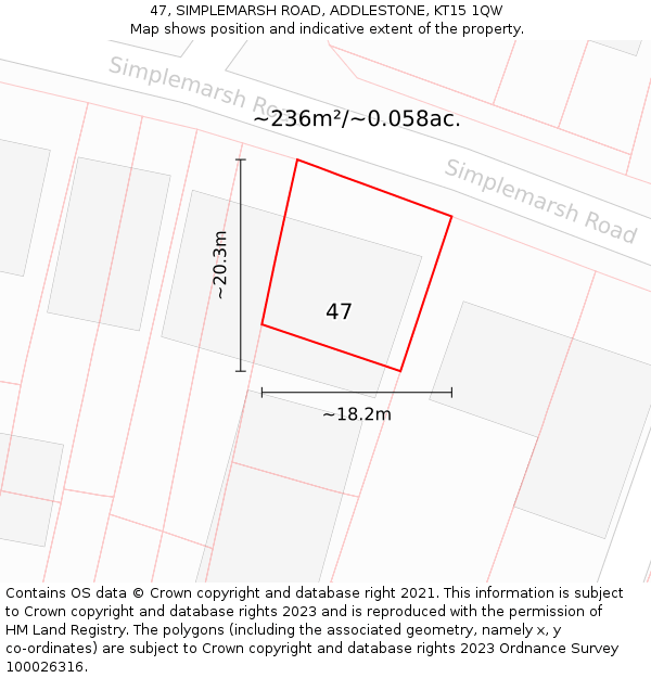 47, SIMPLEMARSH ROAD, ADDLESTONE, KT15 1QW: Plot and title map