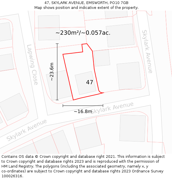 47, SKYLARK AVENUE, EMSWORTH, PO10 7GB: Plot and title map