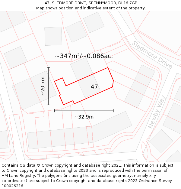 47, SLEDMORE DRIVE, SPENNYMOOR, DL16 7GP: Plot and title map