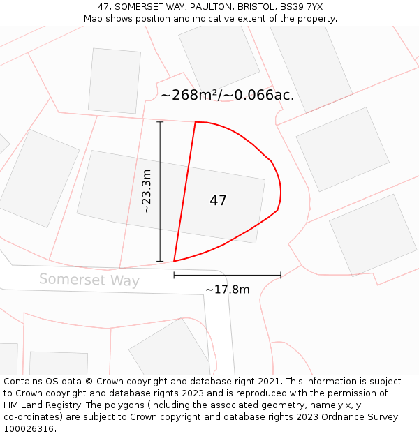 47, SOMERSET WAY, PAULTON, BRISTOL, BS39 7YX: Plot and title map