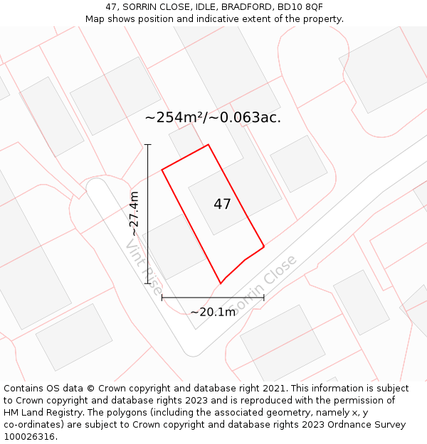 47, SORRIN CLOSE, IDLE, BRADFORD, BD10 8QF: Plot and title map