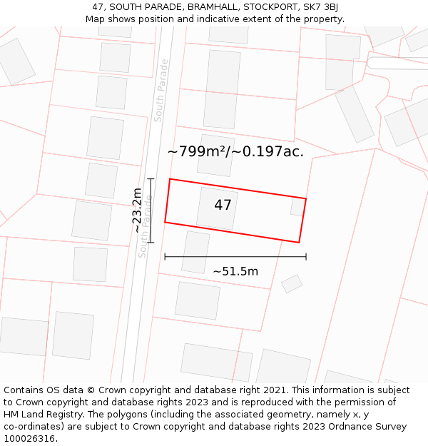 47, SOUTH PARADE, BRAMHALL, STOCKPORT, SK7 3BJ: Plot and title map