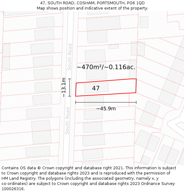 47, SOUTH ROAD, COSHAM, PORTSMOUTH, PO6 1QD: Plot and title map