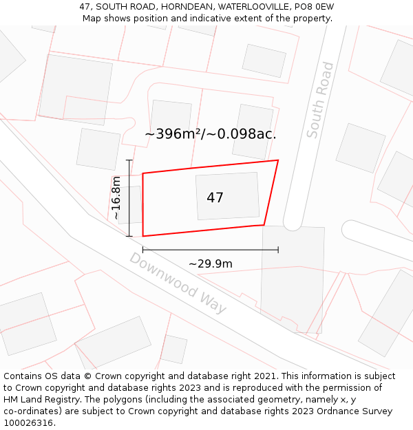 47, SOUTH ROAD, HORNDEAN, WATERLOOVILLE, PO8 0EW: Plot and title map