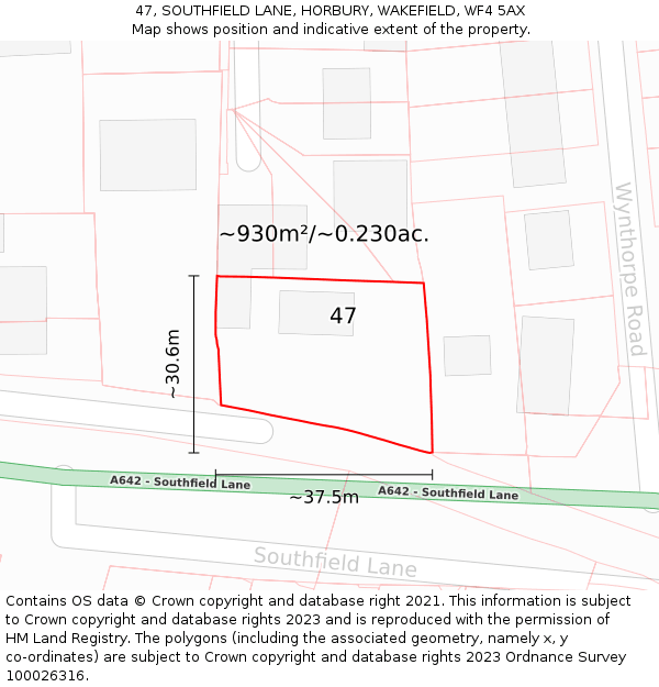 47, SOUTHFIELD LANE, HORBURY, WAKEFIELD, WF4 5AX: Plot and title map