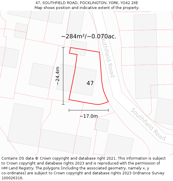 47, SOUTHFIELD ROAD, POCKLINGTON, YORK, YO42 2XE: Plot and title map