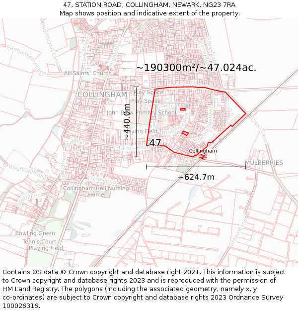 47, STATION ROAD, COLLINGHAM, NEWARK, NG23 7RA: Plot and title map