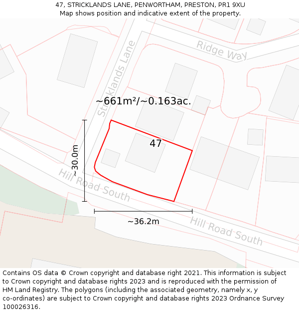 47, STRICKLANDS LANE, PENWORTHAM, PRESTON, PR1 9XU: Plot and title map