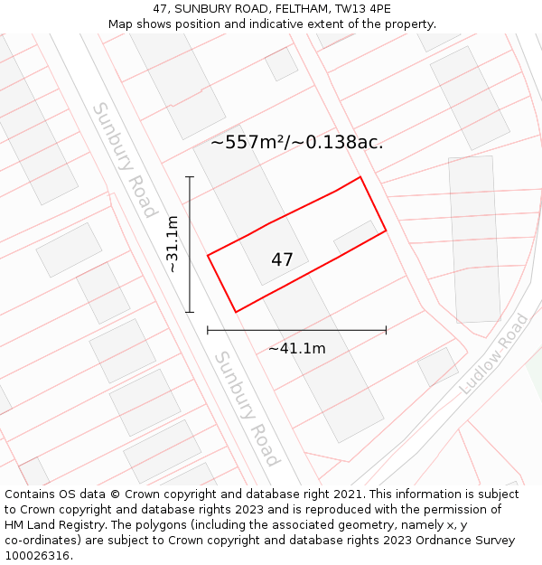 47, SUNBURY ROAD, FELTHAM, TW13 4PE: Plot and title map