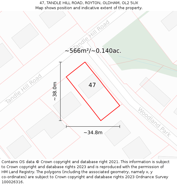 47, TANDLE HILL ROAD, ROYTON, OLDHAM, OL2 5UX: Plot and title map