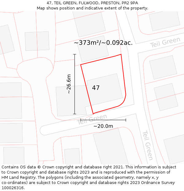 47, TEIL GREEN, FULWOOD, PRESTON, PR2 9PA: Plot and title map