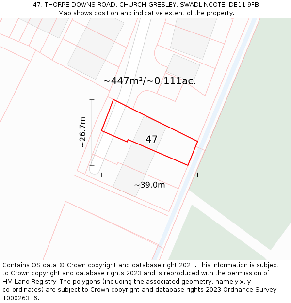 47, THORPE DOWNS ROAD, CHURCH GRESLEY, SWADLINCOTE, DE11 9FB: Plot and title map