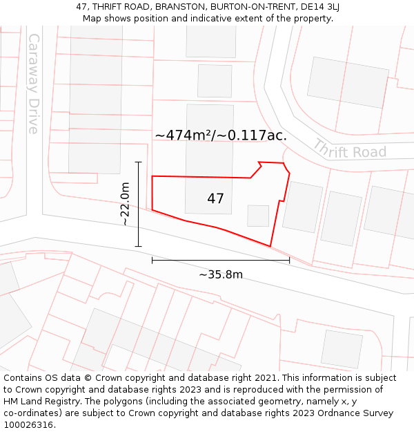 47, THRIFT ROAD, BRANSTON, BURTON-ON-TRENT, DE14 3LJ: Plot and title map