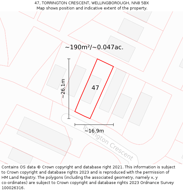 47, TORRINGTON CRESCENT, WELLINGBOROUGH, NN8 5BX: Plot and title map