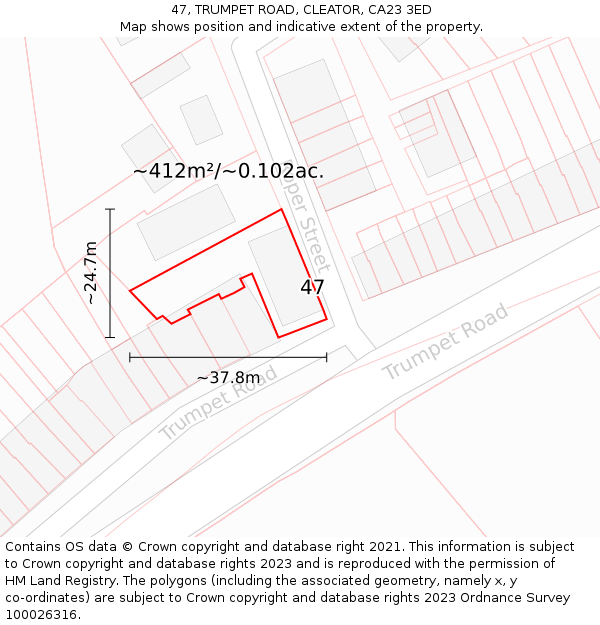 47, TRUMPET ROAD, CLEATOR, CA23 3ED: Plot and title map