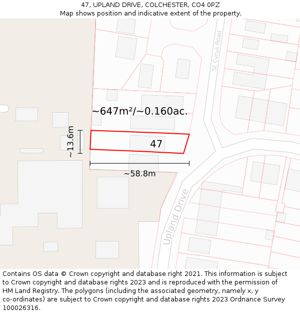 47, UPLAND DRIVE, COLCHESTER, CO4 0PZ: Plot and title map