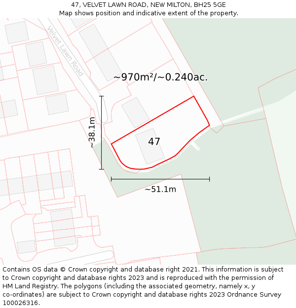 47, VELVET LAWN ROAD, NEW MILTON, BH25 5GE: Plot and title map