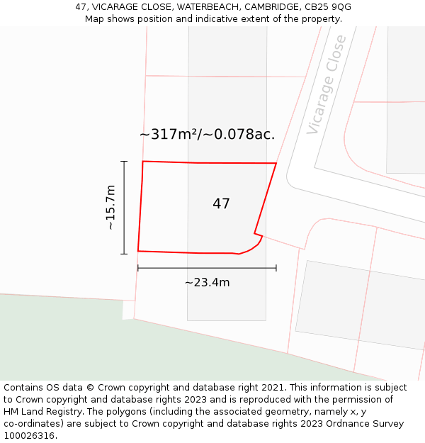 47, VICARAGE CLOSE, WATERBEACH, CAMBRIDGE, CB25 9QG: Plot and title map