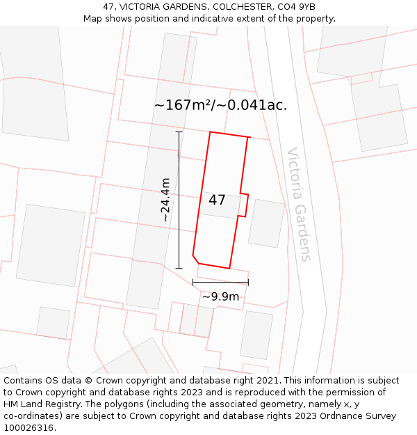 47, VICTORIA GARDENS, COLCHESTER, CO4 9YB: Plot and title map