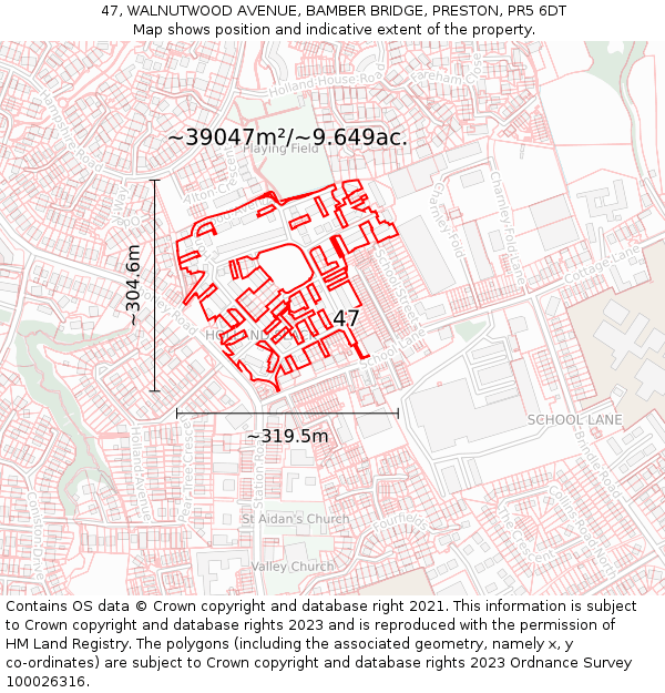 47, WALNUTWOOD AVENUE, BAMBER BRIDGE, PRESTON, PR5 6DT: Plot and title map