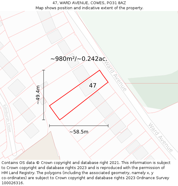 47, WARD AVENUE, COWES, PO31 8AZ: Plot and title map