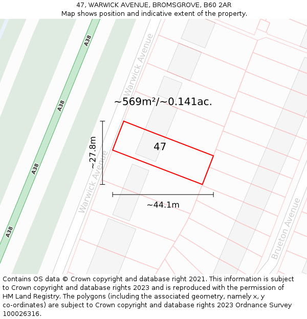 47, WARWICK AVENUE, BROMSGROVE, B60 2AR: Plot and title map