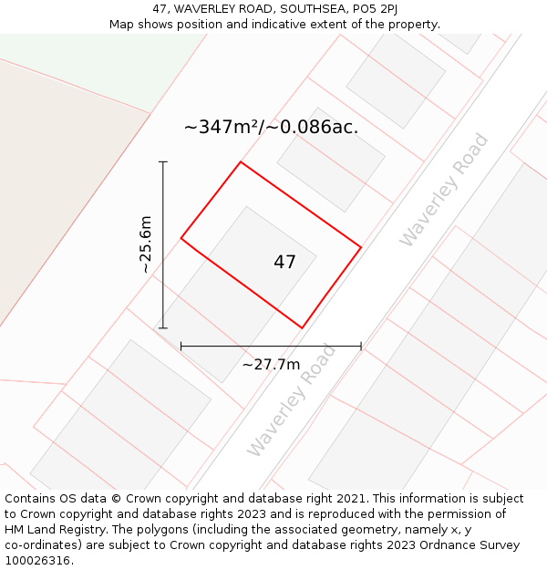 47, WAVERLEY ROAD, SOUTHSEA, PO5 2PJ: Plot and title map