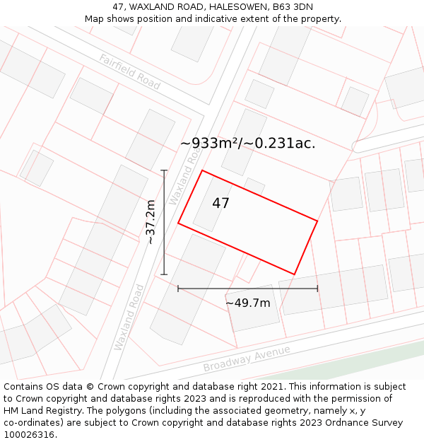 47, WAXLAND ROAD, HALESOWEN, B63 3DN: Plot and title map