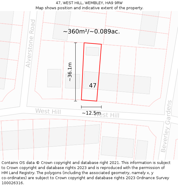 47, WEST HILL, WEMBLEY, HA9 9RW: Plot and title map