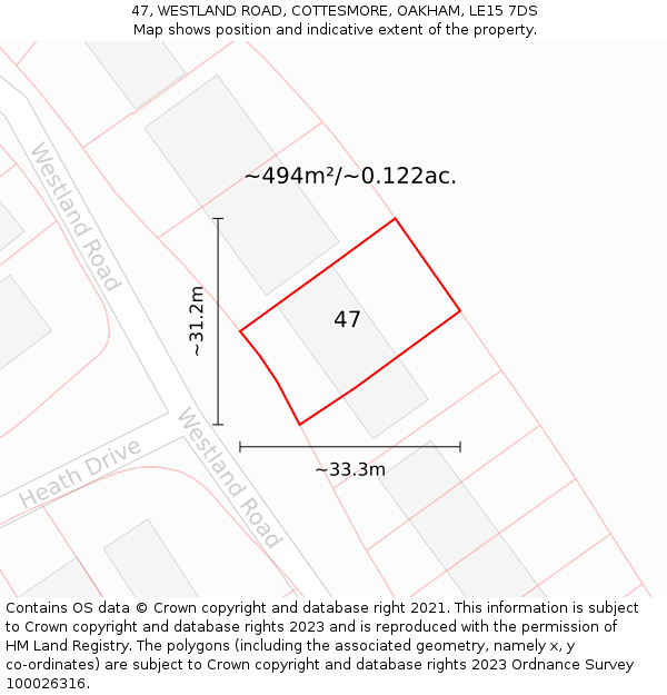 47, WESTLAND ROAD, COTTESMORE, OAKHAM, LE15 7DS: Plot and title map