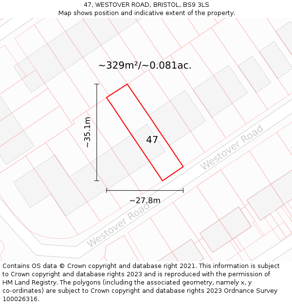 47, WESTOVER ROAD, BRISTOL, BS9 3LS: Plot and title map