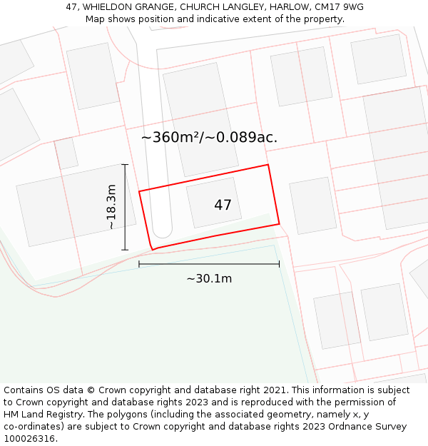 47, WHIELDON GRANGE, CHURCH LANGLEY, HARLOW, CM17 9WG: Plot and title map