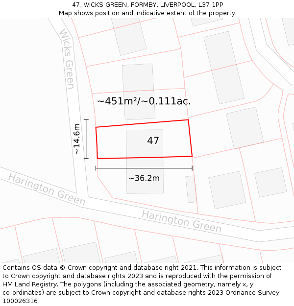 47, WICKS GREEN, FORMBY, LIVERPOOL, L37 1PP: Plot and title map