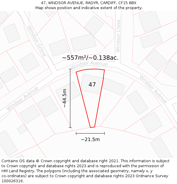 47, WINDSOR AVENUE, RADYR, CARDIFF, CF15 8BX: Plot and title map