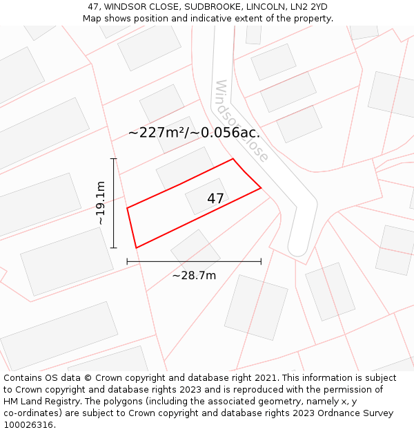 47, WINDSOR CLOSE, SUDBROOKE, LINCOLN, LN2 2YD: Plot and title map