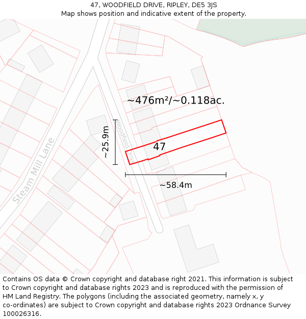 47, WOODFIELD DRIVE, RIPLEY, DE5 3JS: Plot and title map