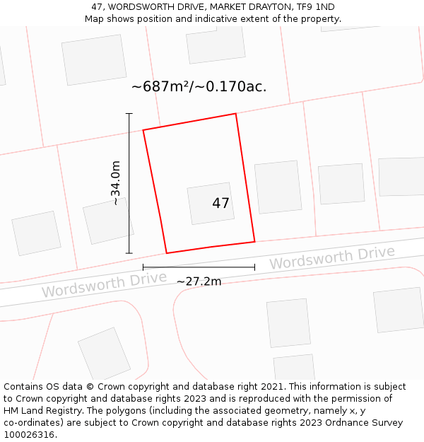 47, WORDSWORTH DRIVE, MARKET DRAYTON, TF9 1ND: Plot and title map