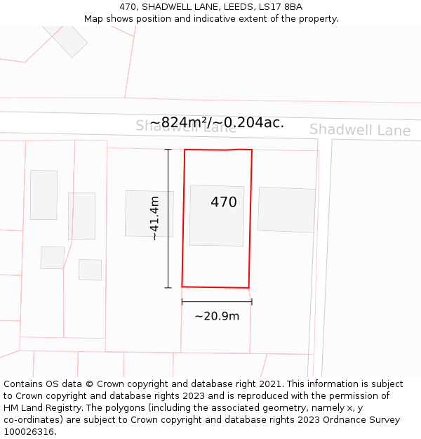 470, SHADWELL LANE, LEEDS, LS17 8BA: Plot and title map